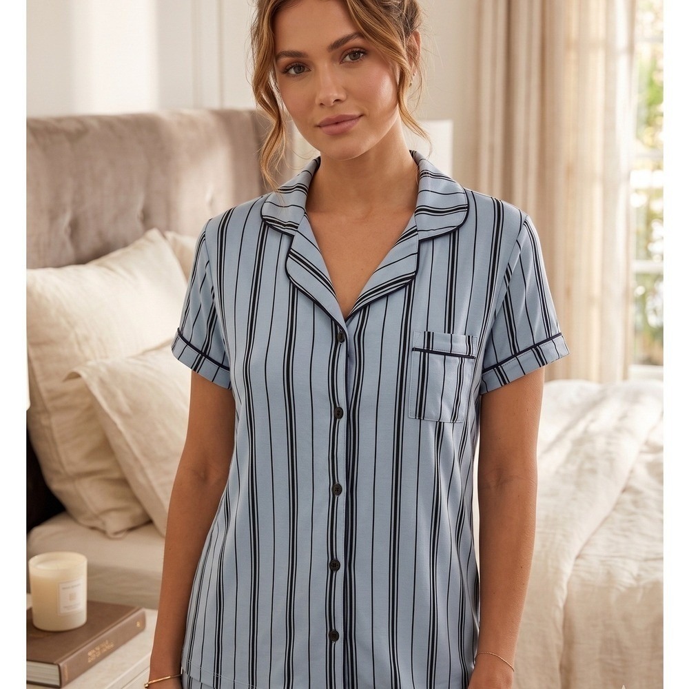 Tart‎ Intimates Womens Blue Striped Pajama Top Short Sleeve Button Up Small NWT